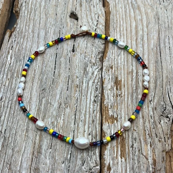 Seaside Pearls Roxanne Multicolored Beaded Freshwater Pearl & Leather Choker New - Picture 1 of 4